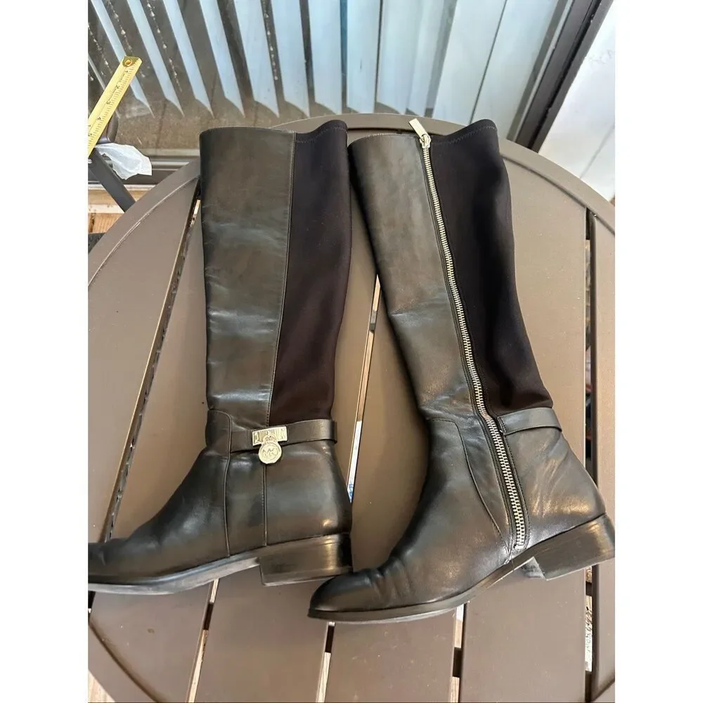 Michael Kors Hamilton Riding Boots Black /Silver Logo Size 6.5 M